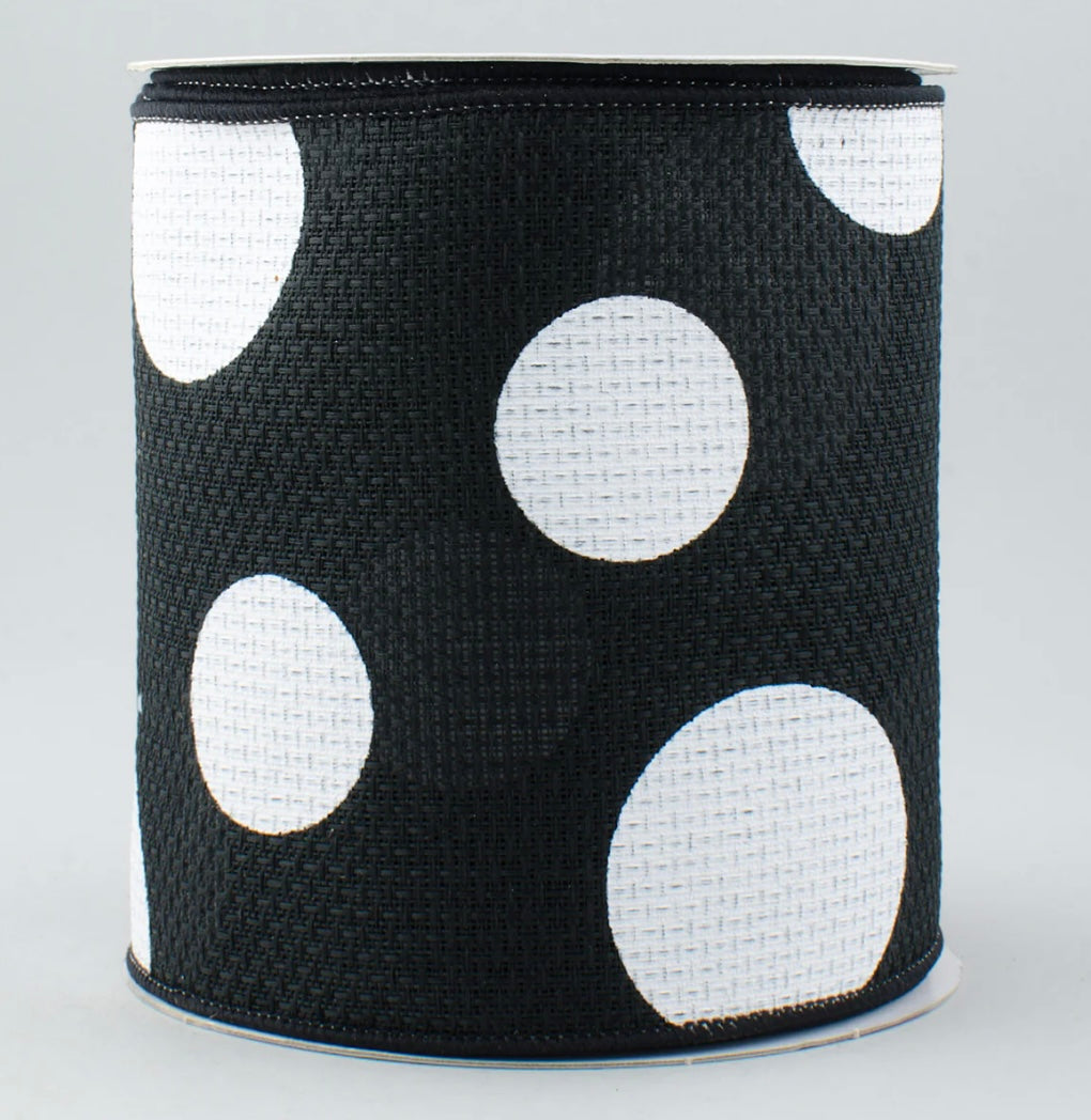 4” three size dots, wired ribbon, black and white, full roll 10 yards