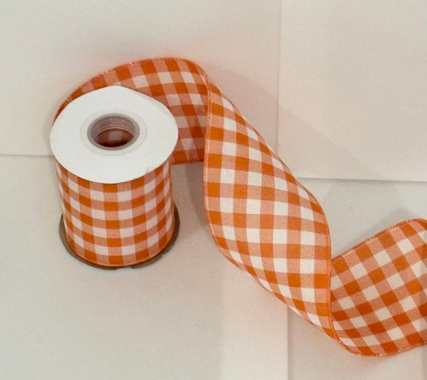 4” gingham wired ribbon orange and white