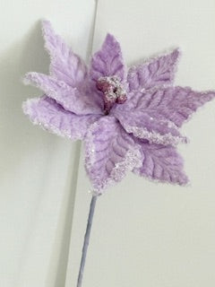 Artificial Lavender Velvet Poinsettia Pick with Frosted Edges – Elegant Christmas Floral Decoration