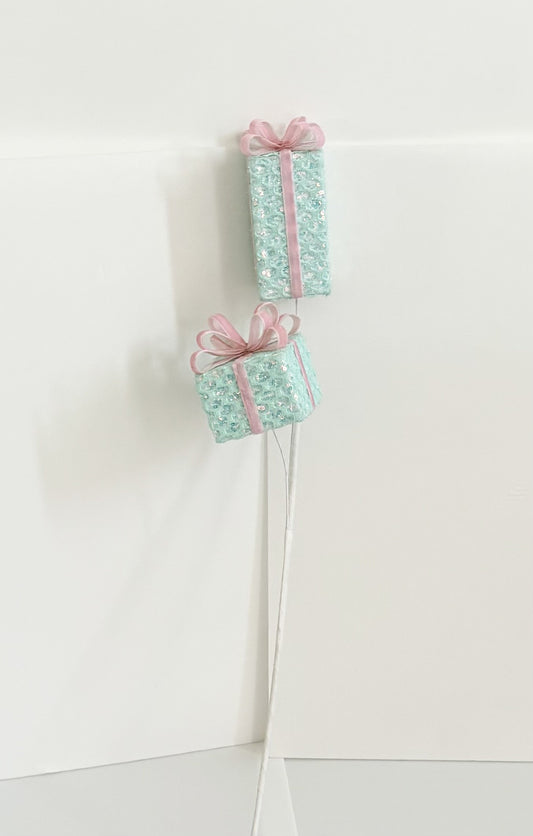 Mint Green Gift Box Pick with Pink Ribbon – Sparkling Present Christmas Decoration