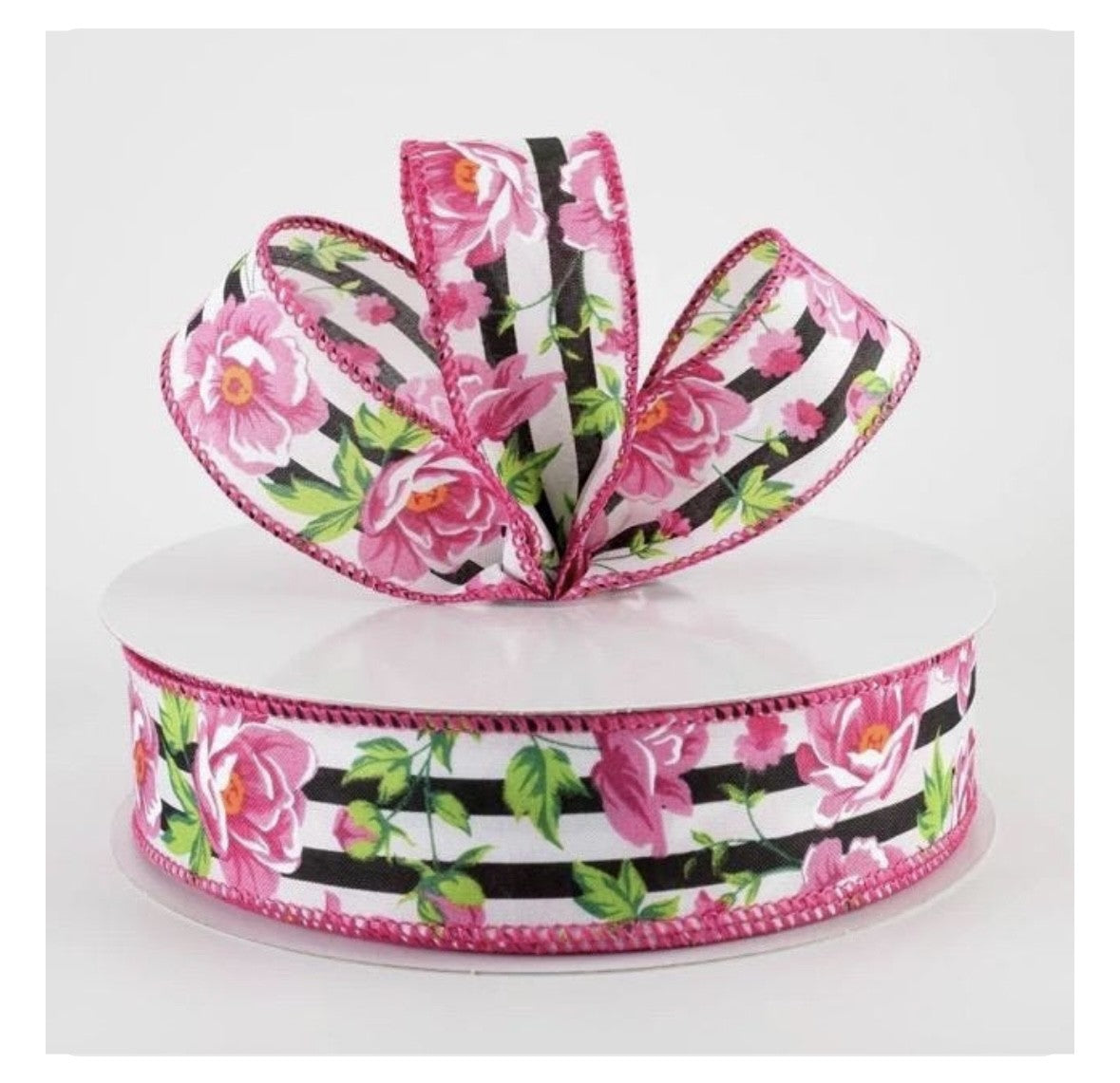 USA 1.5" wired ribbon floral black and pink, sold by the meter