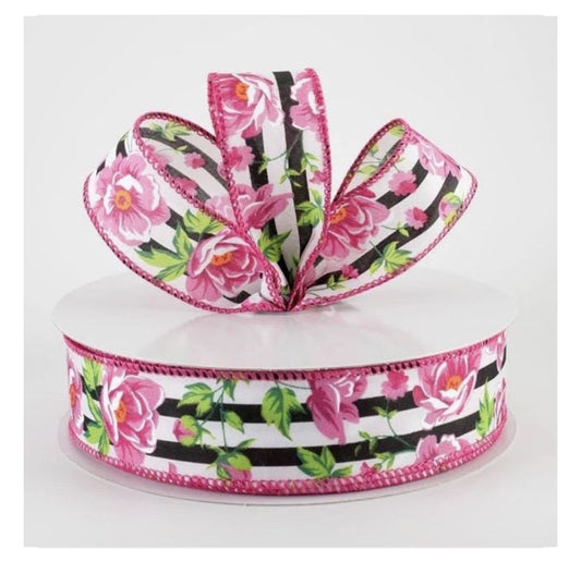 USA 1.5" wired ribbon floral black and pink, sold by the meter