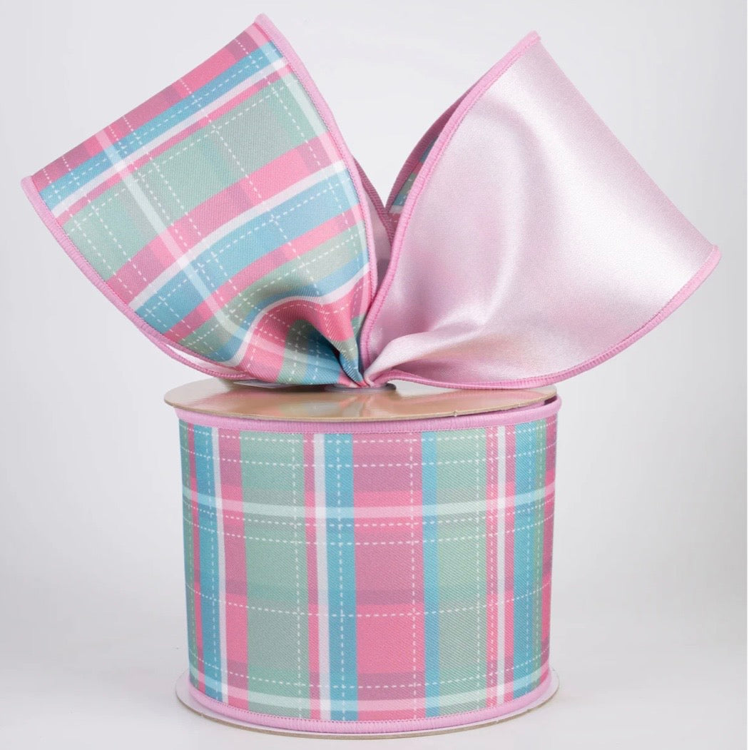 USA 4” D’Lux wired designer ribbon double sided pink mint plaid and pink satin, full roll 10yards