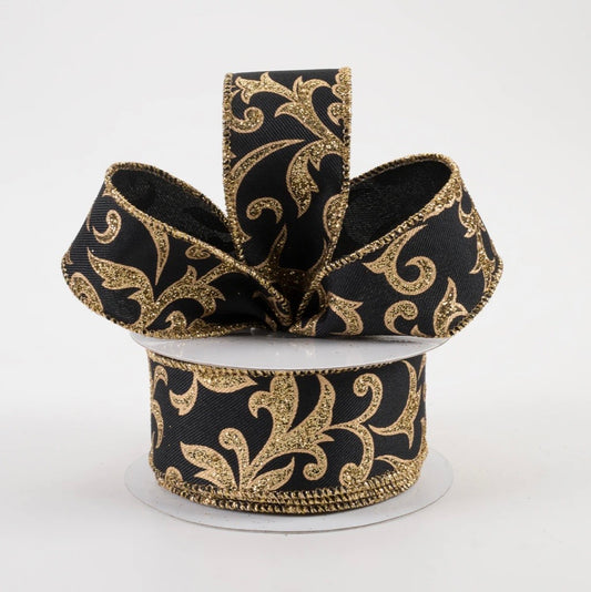 USA 1.5” wired ribbon acanthus leaf black gold full roll 10 yards