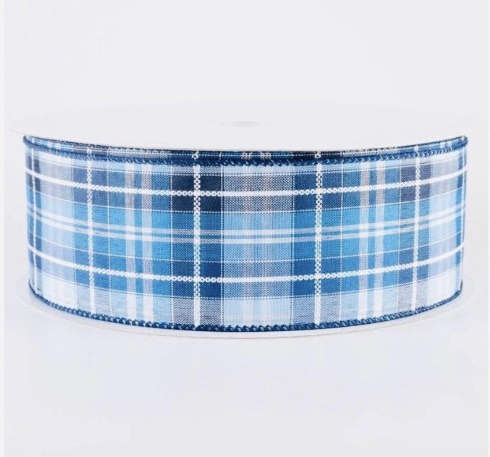 USA 2.5" wired ribbon blue check sold by the meter