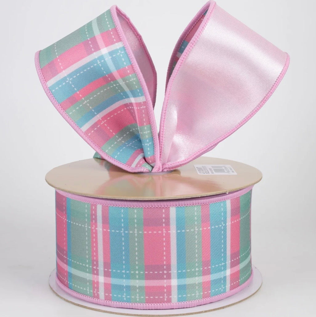 USA 2.5” D’Lux designer ribbon plaid pink mint and satin pink, full roll 10 yards