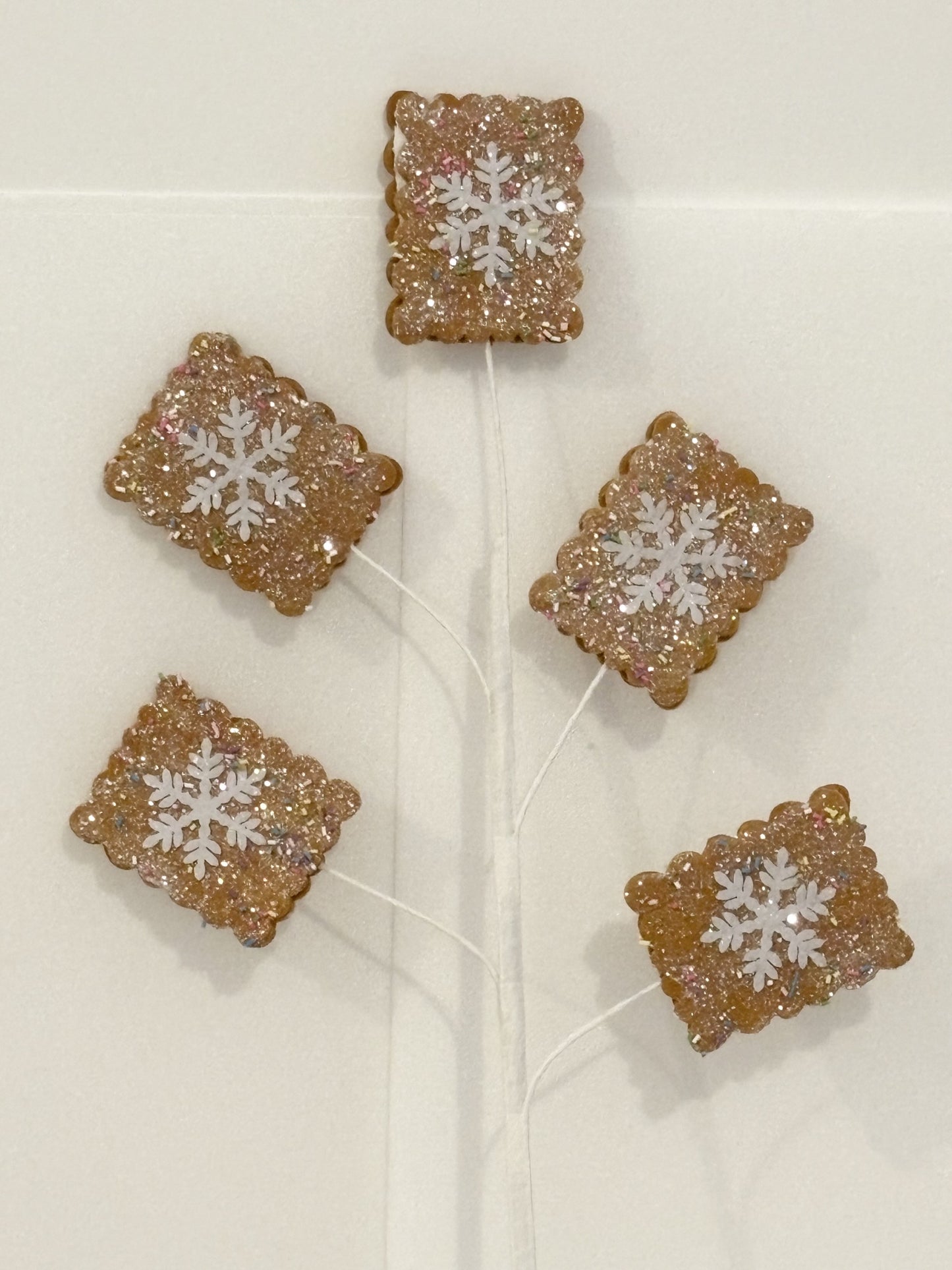 Gingerbread 5 cookie Glitter Snowflake Pick – Sparkling Decorative Stem for Christmas Wreaths, Trees & Floral Arrangements