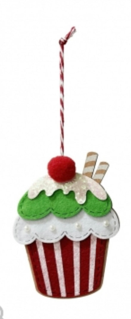 set of 2 Christmas Hanging Cupcake Deco 19cm wood and felt