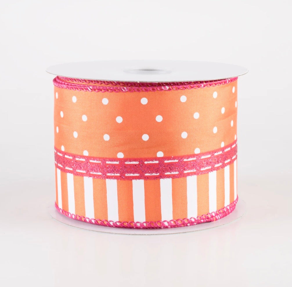 USA 2.5” satin dots and stripes orange and pink wired ribbon, full roll 10 yards