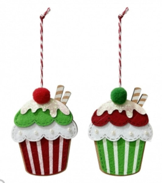 set of 2 Christmas Hanging Cupcake Deco 19cm wood and felt