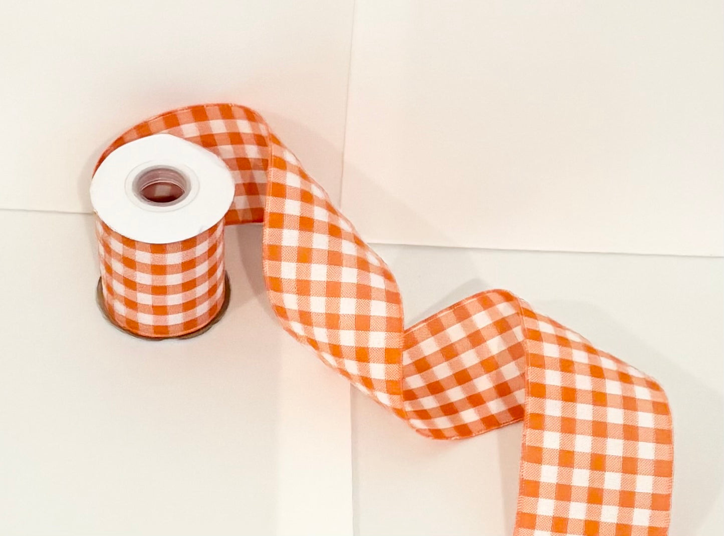 4” gingham wired ribbon orange and white