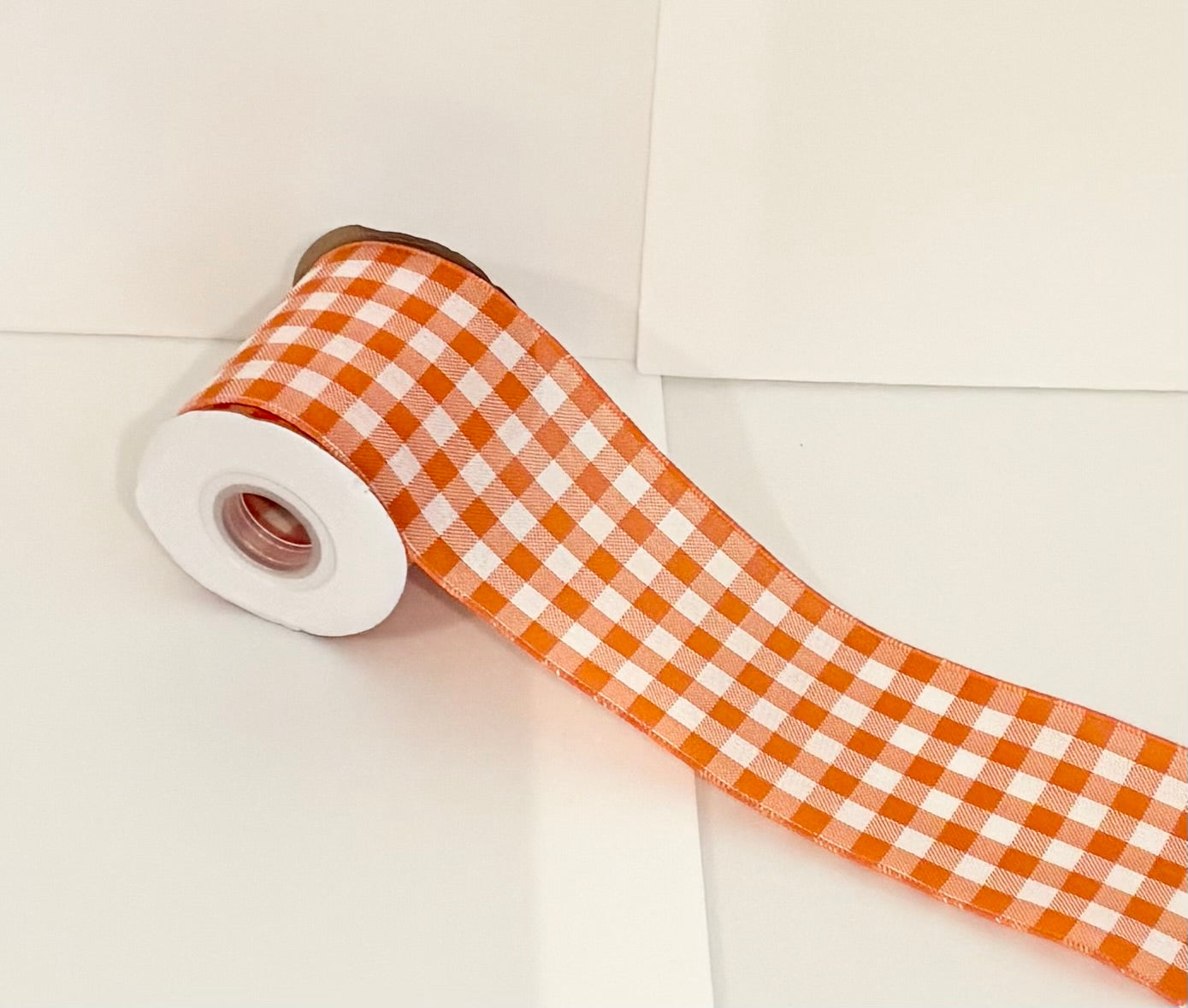4” gingham wired ribbon orange and white