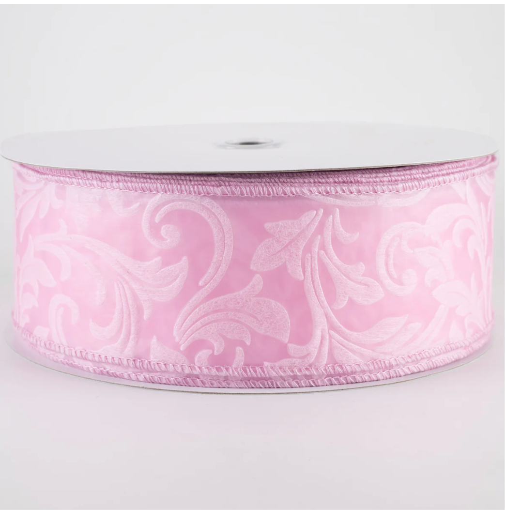 USA 2.5” wired ribbon, embossed leaf filigree breeze in light pink, sold by the meter