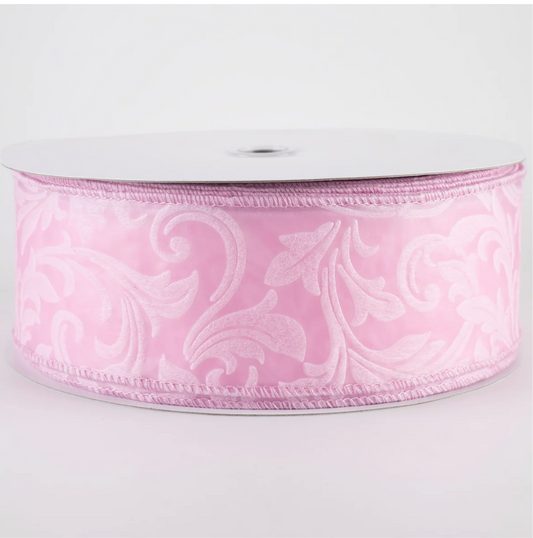 USA 2.5” wired ribbon, embossed leaf filigree breeze in light pink, sold by the meter