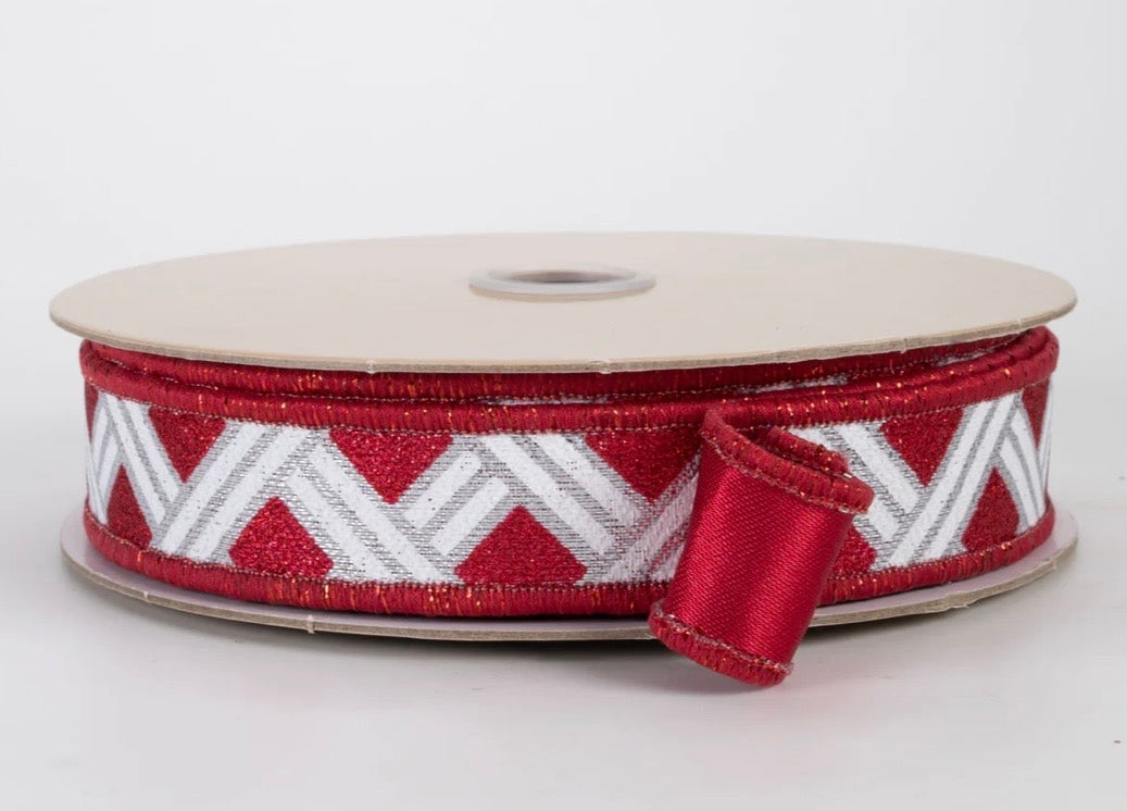 USA 7/8” D’Lux designer wired ribbon, basket weave red/silver full roll 10 yards