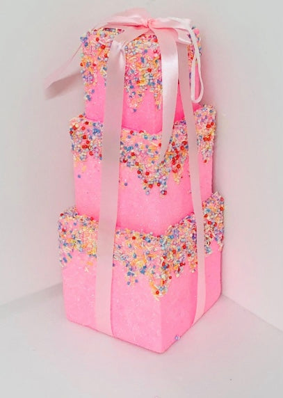 Pink Candy Sprinkle Gift Box Decoration – Stacked Faux Present with Ribbon for Candyland Christmas & Holiday Décor