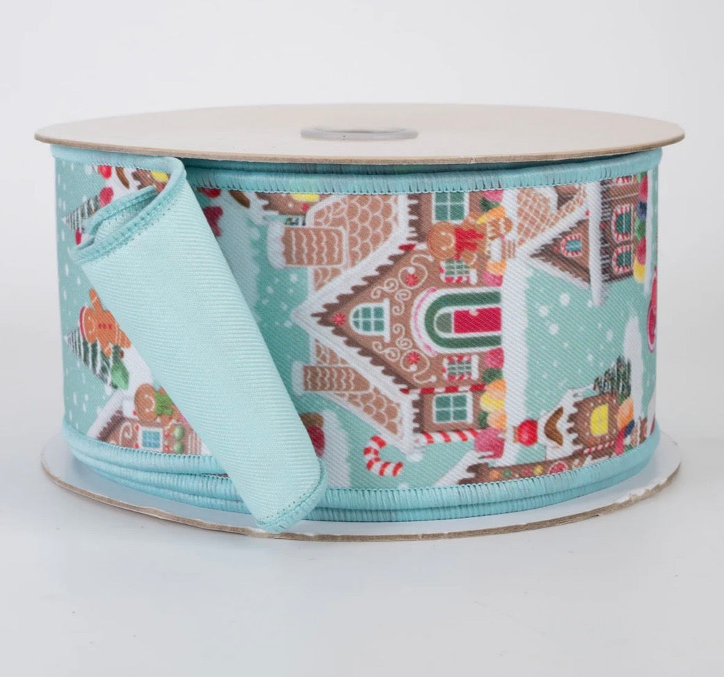 USA 2.5” D’Lux Christmas wired ribbon blue gingerbread full roll 10 yards