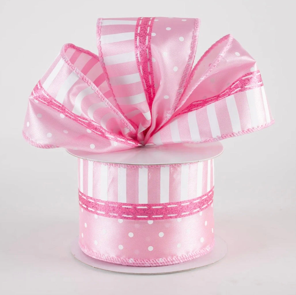 USA 2.5” satin dots and stripes pinks, wired ribbon, full roll 10 yards
