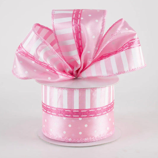 USA 2.5” satin dots and stripes pinks, wired ribbon, full roll 10 yards