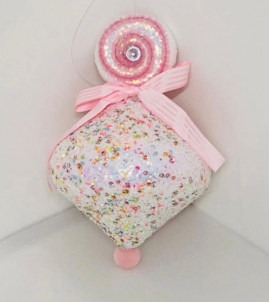 large Pink Candy Ornament with Glitter & Bow – Faux Sweet Christmas Tree Decoration