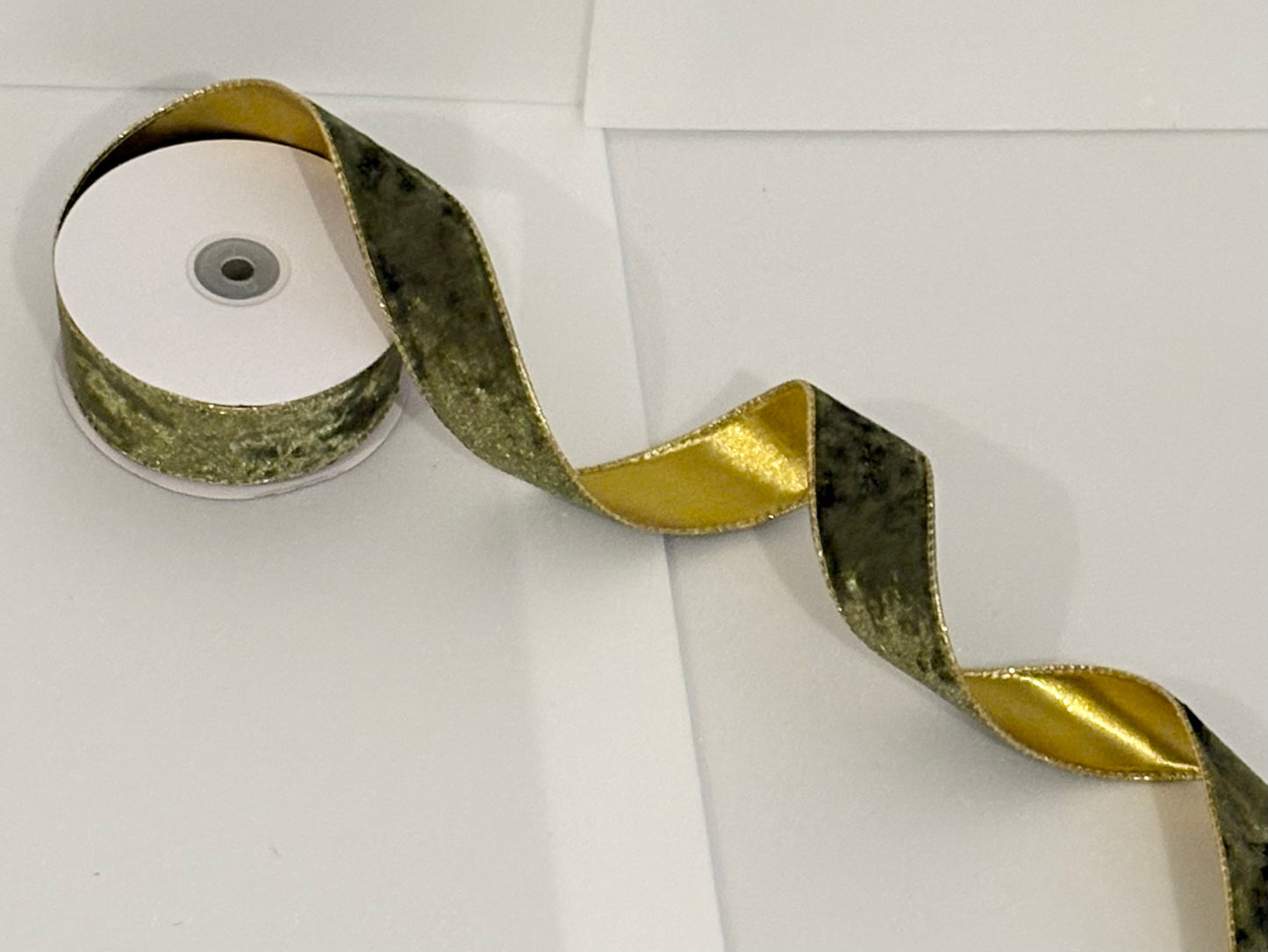 1.5” inch wired velvet moss green and gold ribbon