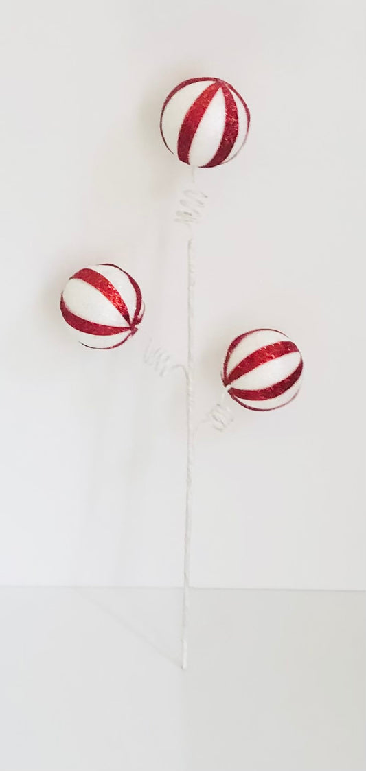 Red and White Christmas Peppermint Ball Spray Decoration – Holiday Ornament Pick