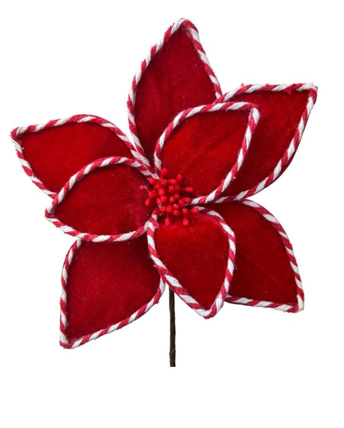 Artificial Red Velvet Poinsettia Stem with Candy Cane Trim – Christmas Flower Decoration