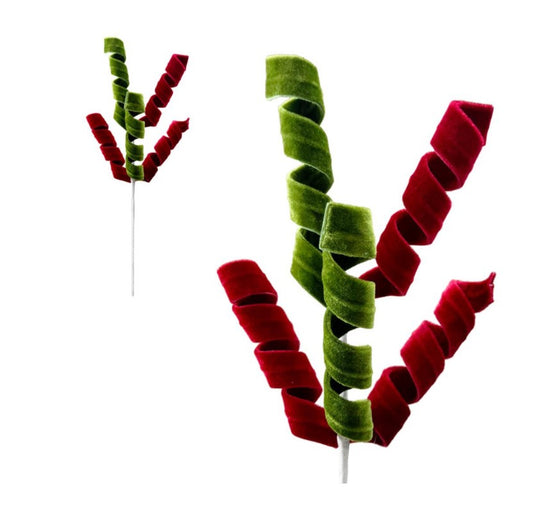 Red & Green Velvet Spiral Curl Christmas Spray Pick – Festive Holiday Decoration for Tree, Wreaths & Centerpieces
