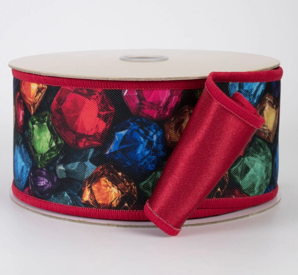 USA 2.5” D’Lux designer jewel design with red satin wired ribbon full roll 10 yards