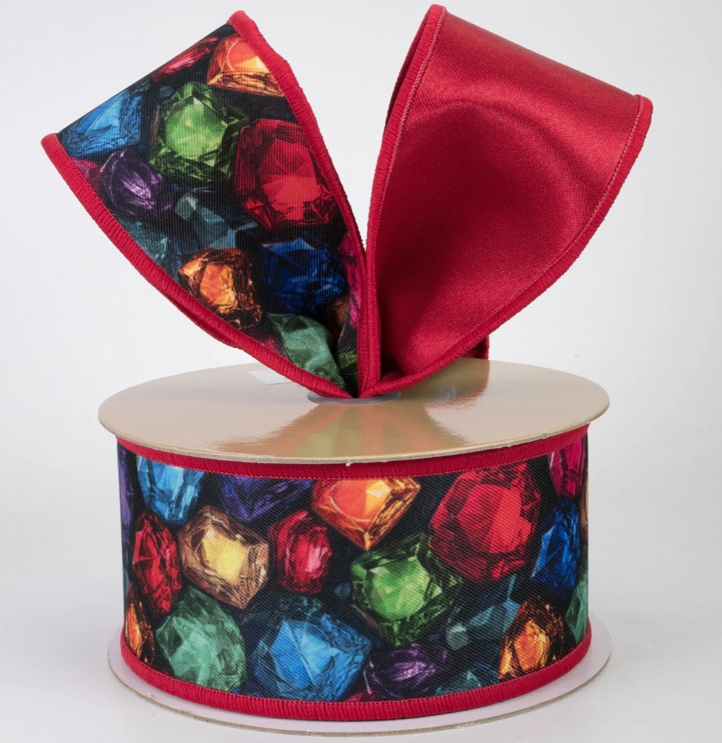 USA 2.5” D’Lux designer jewel design with red satin wired ribbon full roll 10 yards