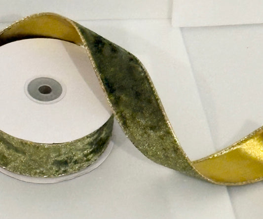1.5” inch wired velvet moss green and gold ribbon