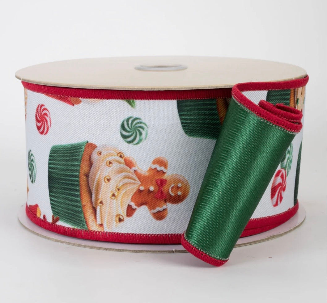 USA 2.5” D’Lux designer Christmas gingerbread cupcake wired ribbon in traditional red/green, full roll 10 yards