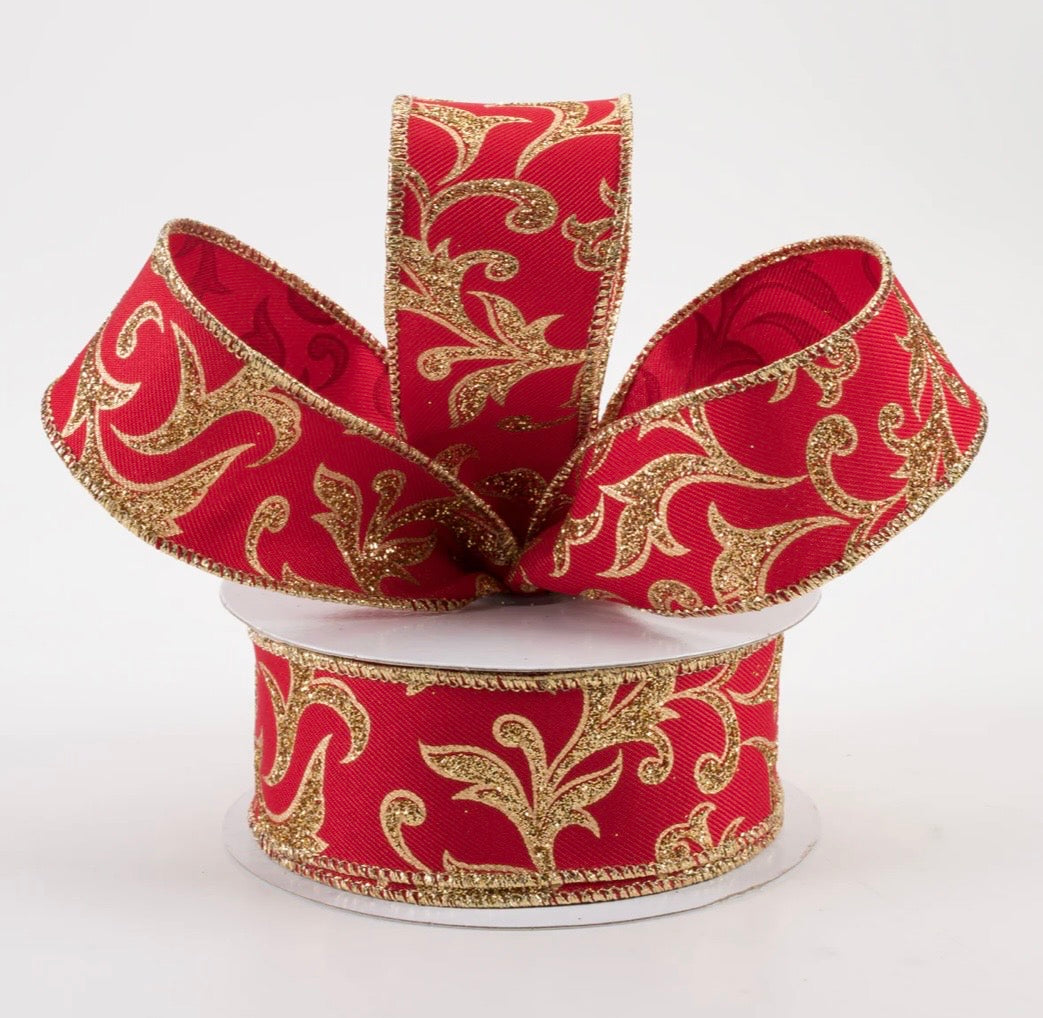 USA 1.5” wired ribbon acanthus leaf red gold full roll 10 yards