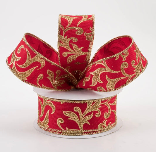 USA 1.5” wired ribbon acanthus leaf red gold full roll 10 yards