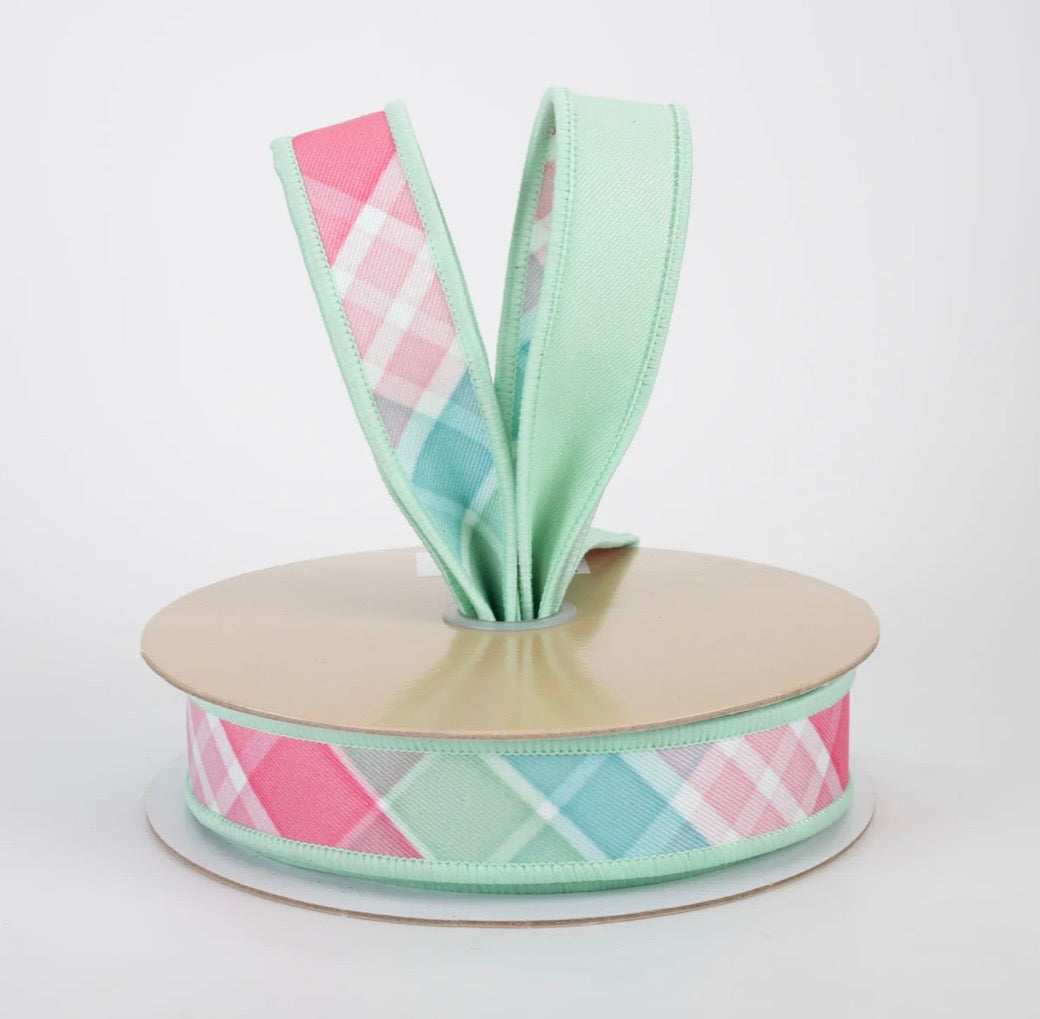 USA D’Lux designer wired ribbon diagonal plaid teal/pink/mint