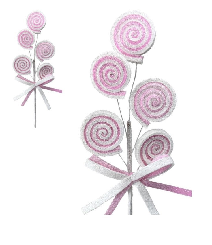 Pink & White Glitter Lollipop Christmas Spray Pick – Candy Swirl Holiday Decoration for Tree, Wreaths & Centerpieces