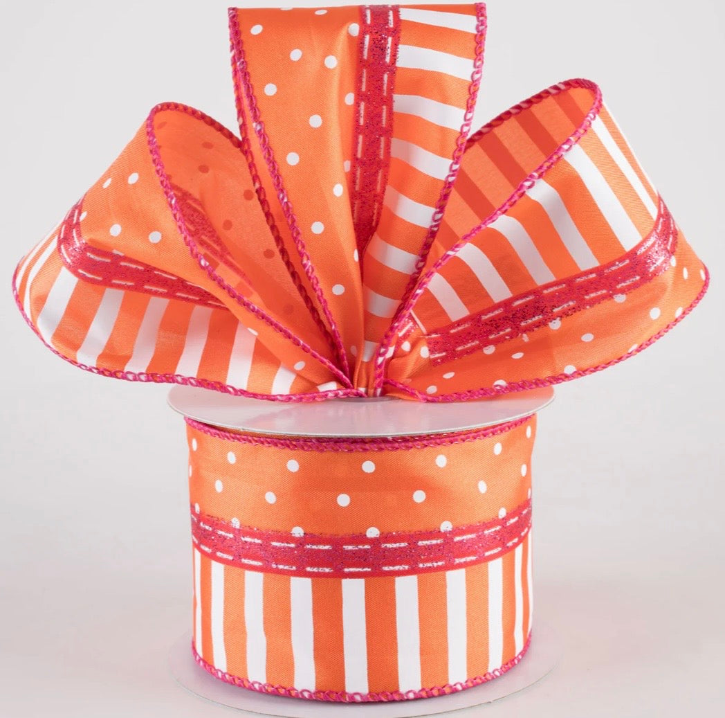 USA 2.5” satin dots and stripes orange and pink wired ribbon, full roll 10 yards