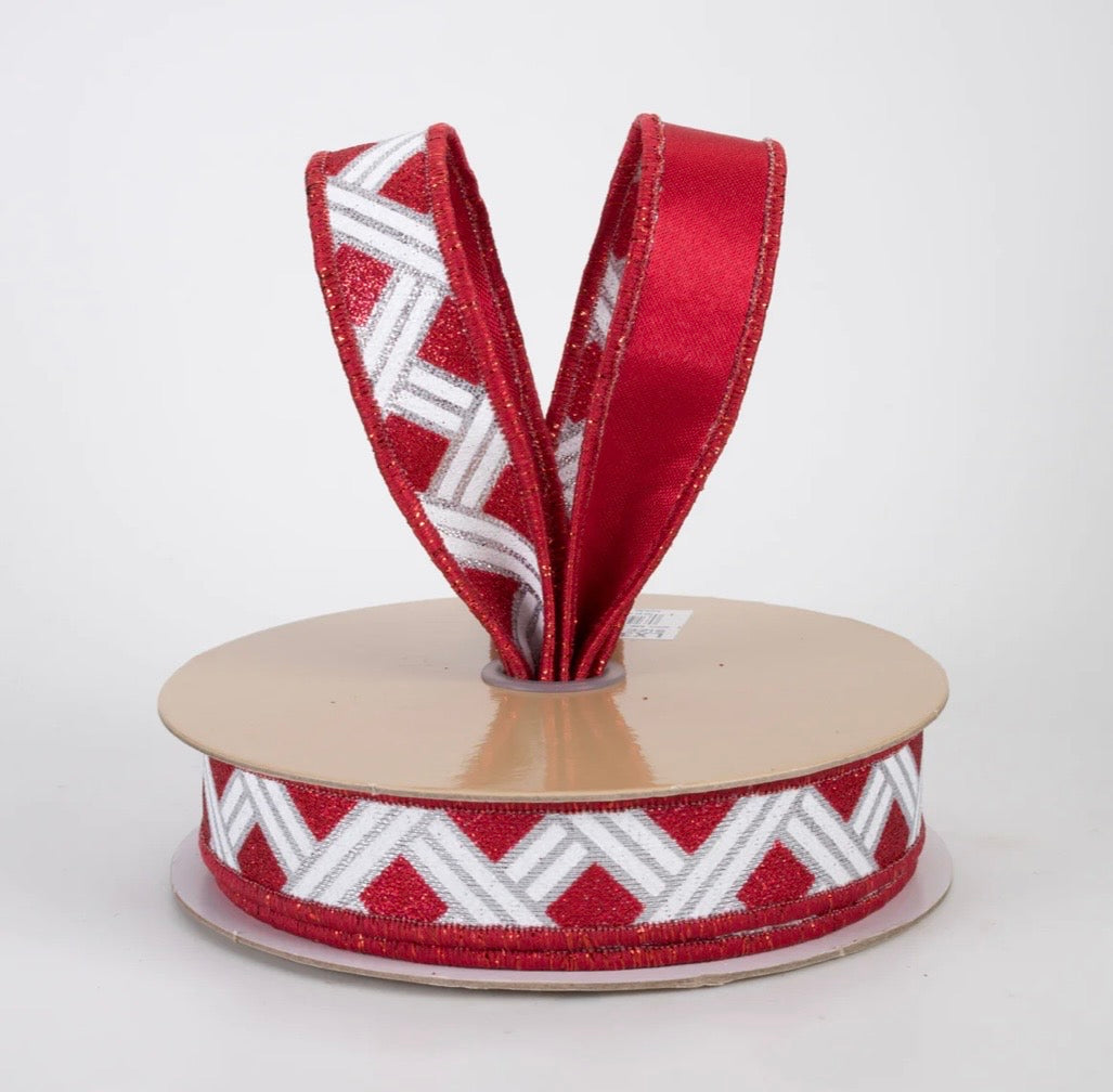 USA 7/8” D’Lux designer wired ribbon, basket weave red/silver full roll 10 yards