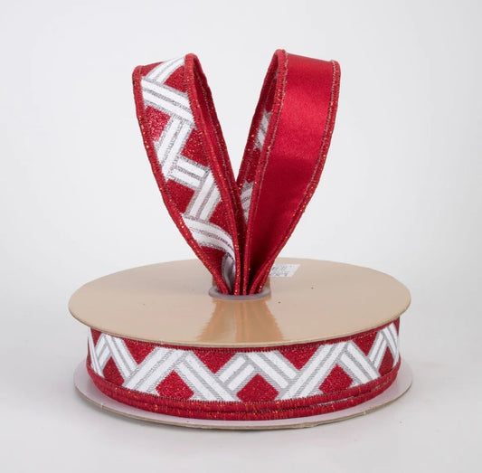 USA 7/8” D’Lux designer wired ribbon, basket weave red/silver full roll 10 yards