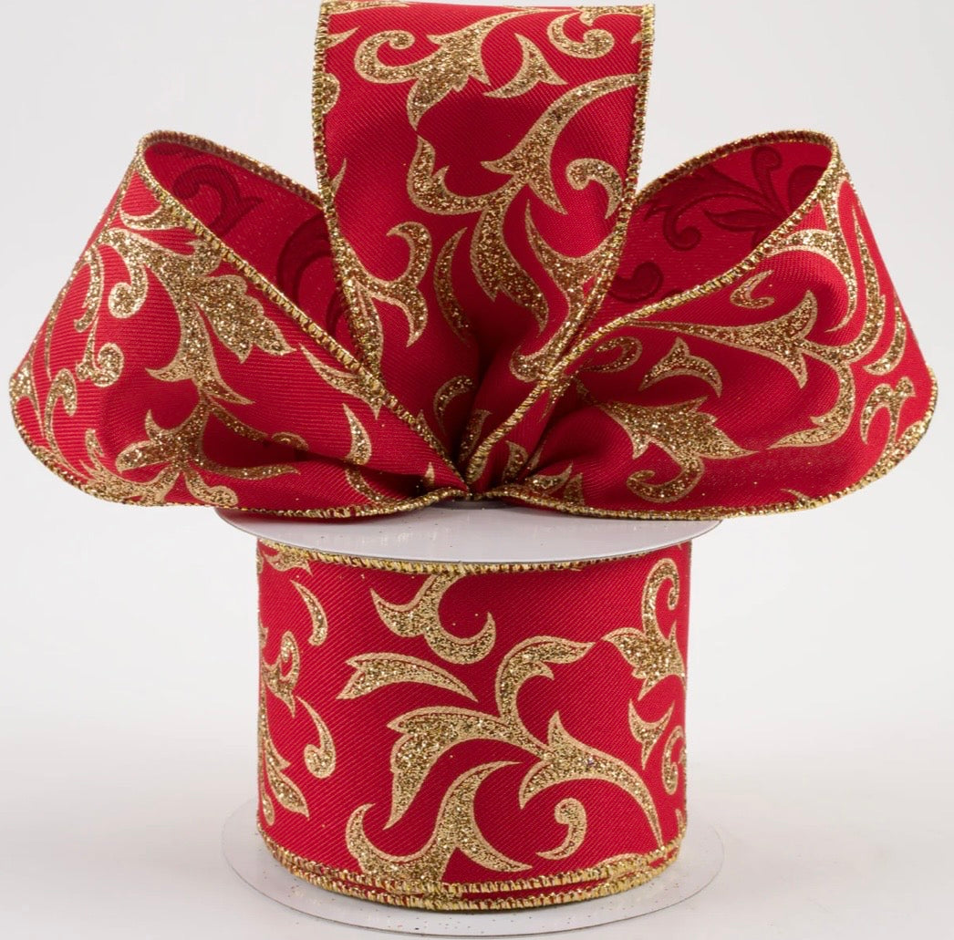 USA 2.5” wired ribbon acanthus leaf red gold full roll 10 yards