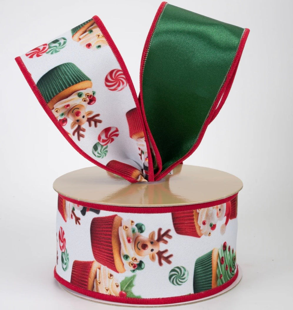USA 2.5” D’Lux designer Christmas gingerbread cupcake wired ribbon in traditional red/green, full roll 10 yards