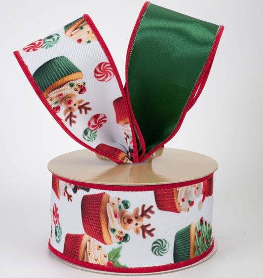 USA 2.5” D’Lux designer Christmas gingerbread cupcake wired ribbon in traditional red/green, full roll 10 yards