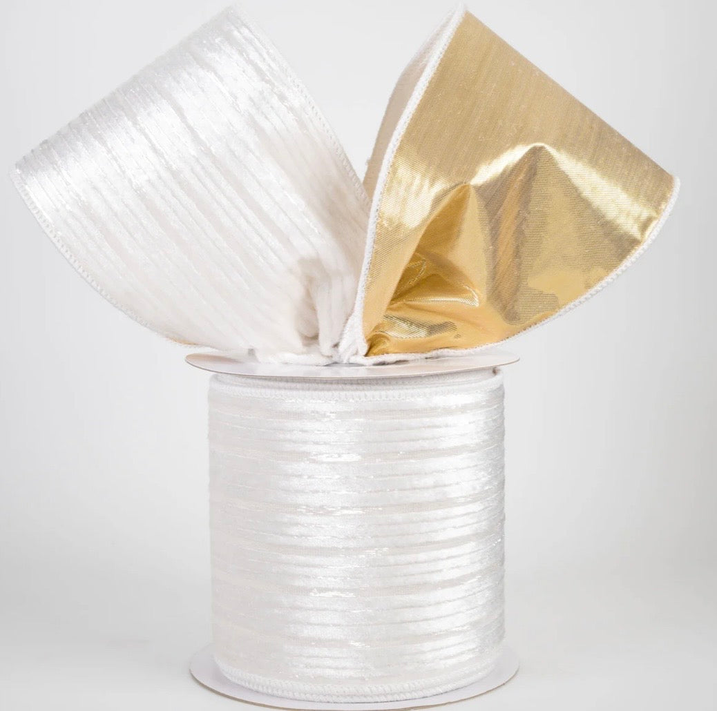 USA 4” D’Lux white/gold velvet designer wired ribbon full roll 10 yards