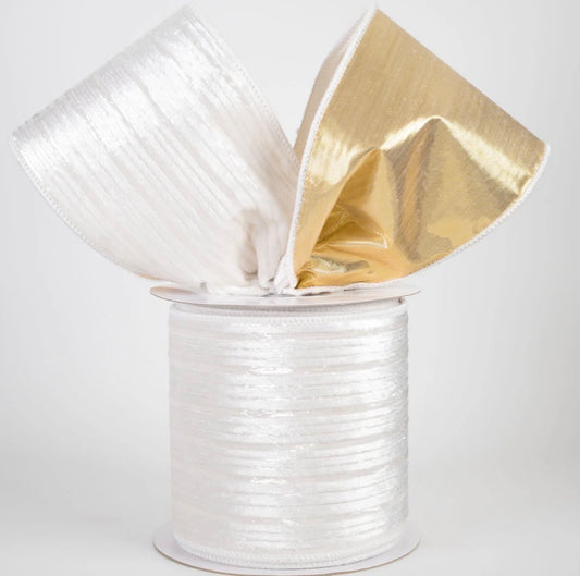 USA 4” D’Lux white/gold velvet designer wired ribbon full roll 10 yards