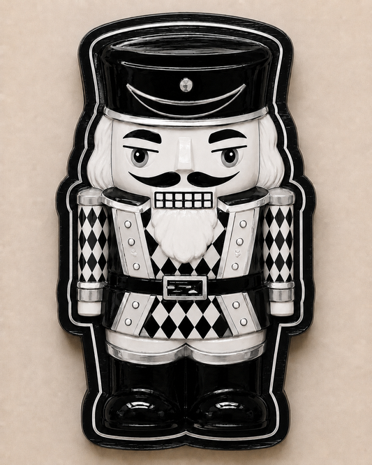 Nutcracker sign only, black, white and silver with harlequin