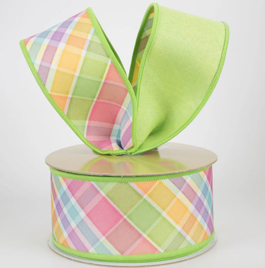 USA 2.5” D’Lux designer wired ribbon diagonal plaid green, full roll 10 yards