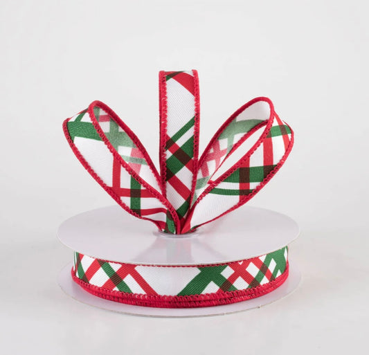 USA 5/8” Diagonal windowpane plaid, white/ red/emerald green, full roll 10 yards