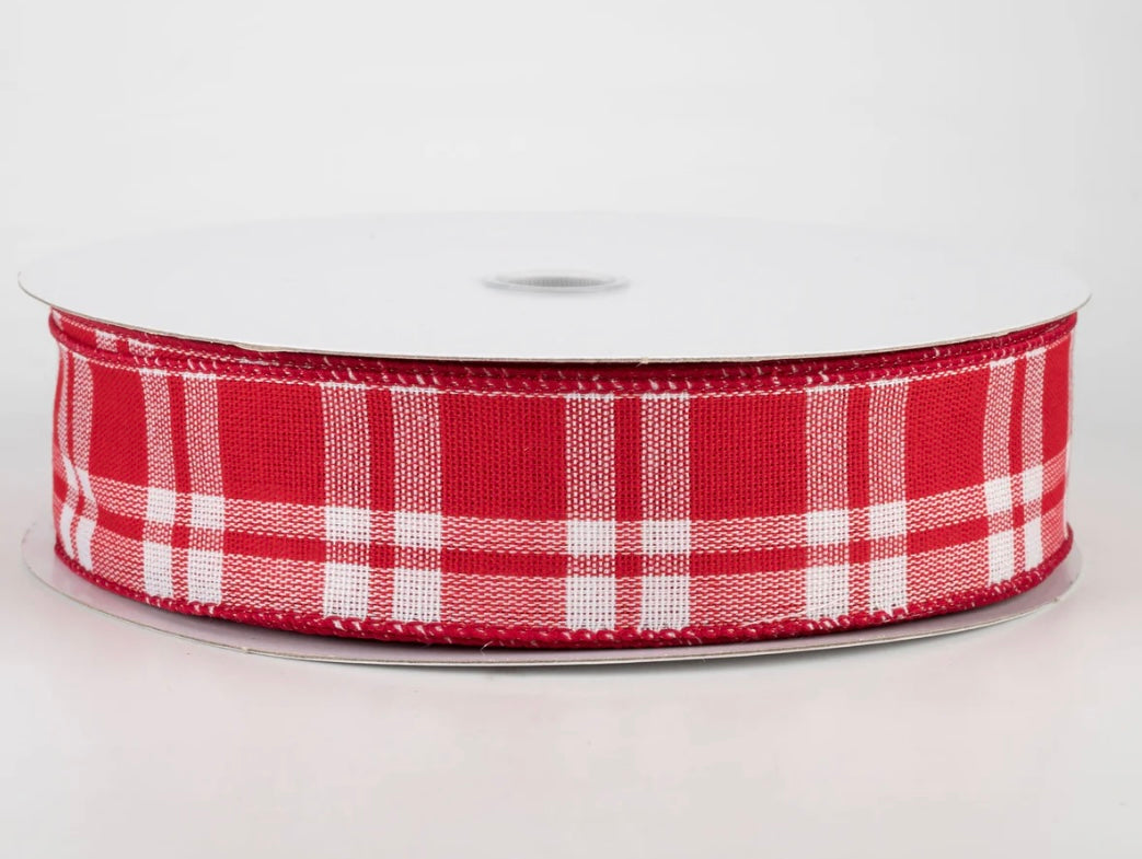 USA 1.5” wired ribbon, woven plaid ribbon, red check, sold by the meter