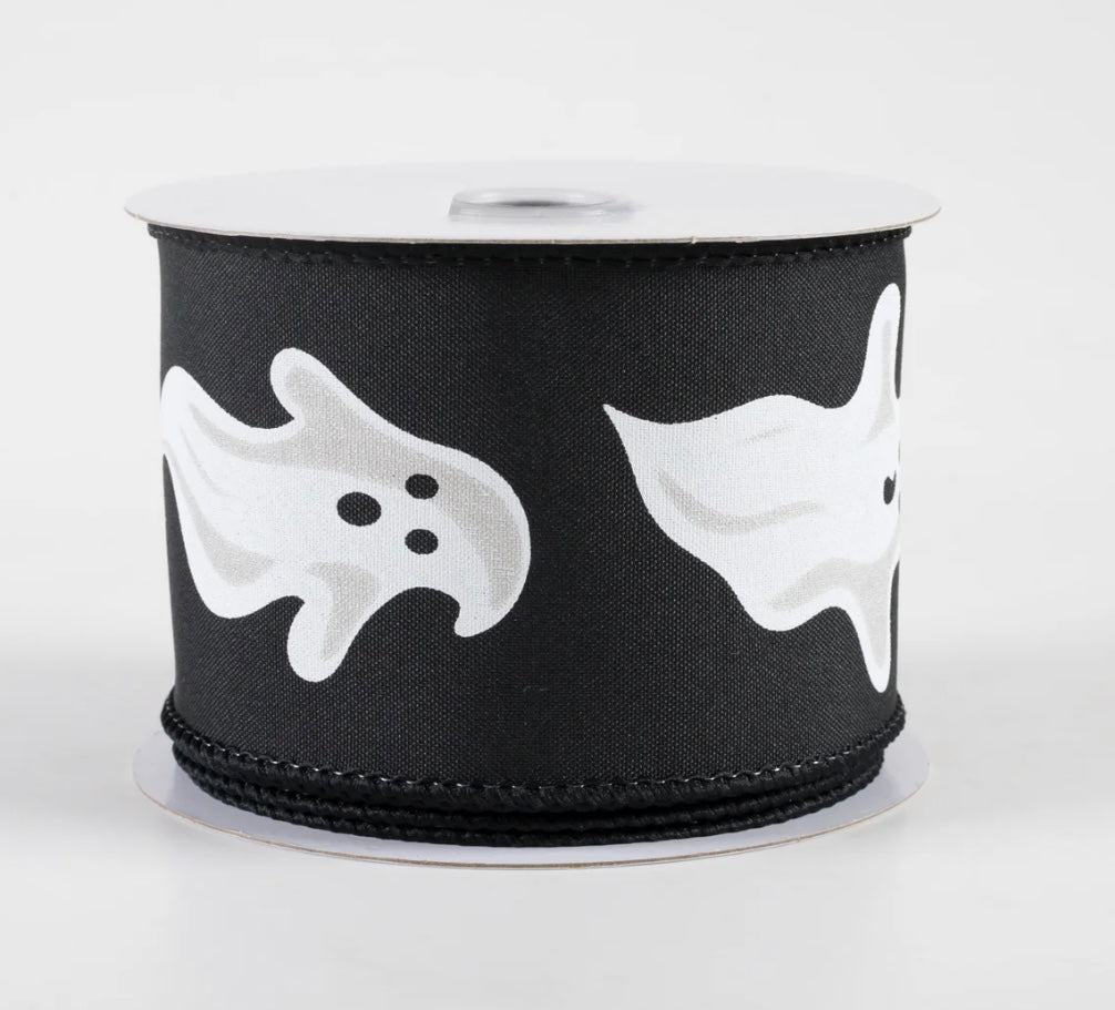 2.5” wired ribbon, black white ghost, full roll 10 yards