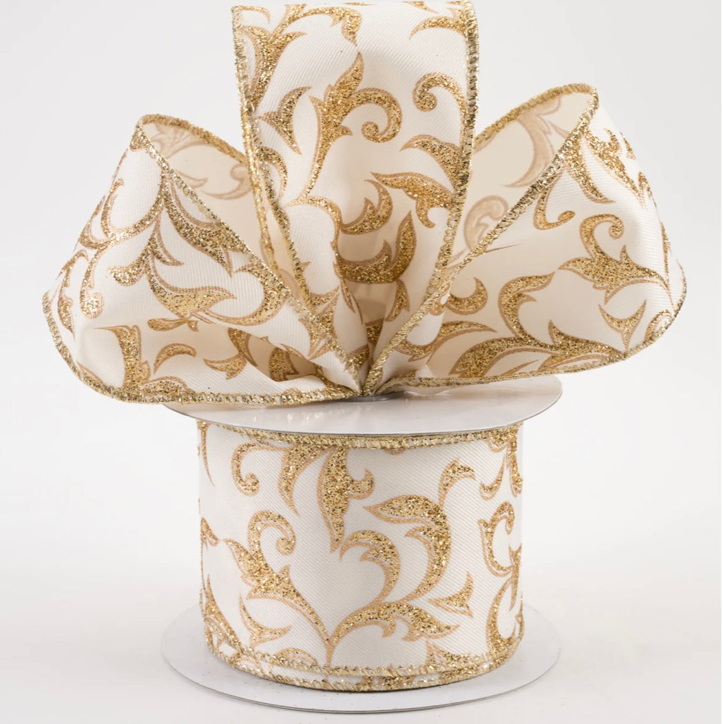 2.5” wired ribbon, acanthus leaf, ivory / gold, full roll 10 yards